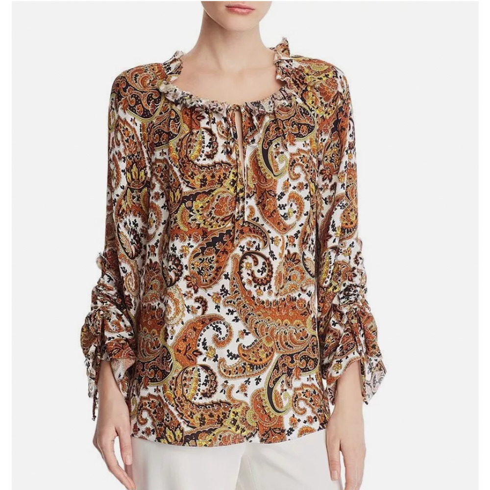 KOBI HALPERIN Paisley Silk Peasant Blouse Brown Womens Size XS
